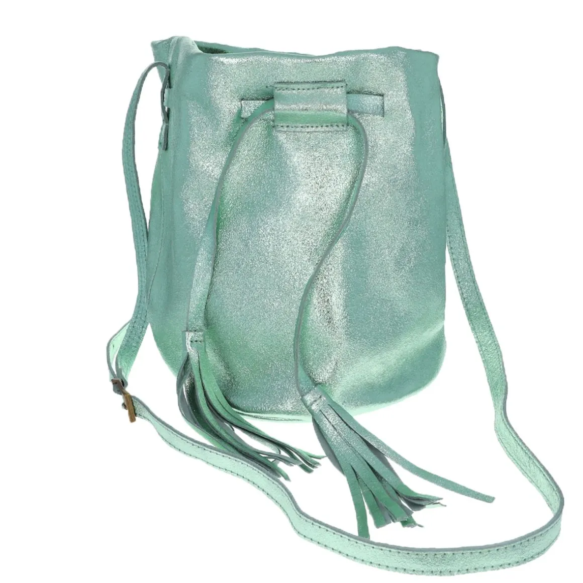 Sac bourse cuir vert menthe à pompons