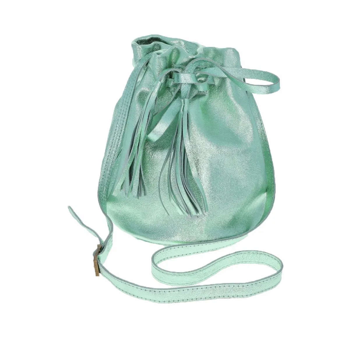 Sac bourse cuir vert menthe à pompons