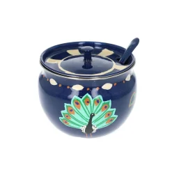 Sucrier en émail motifs Indiens bleu paon