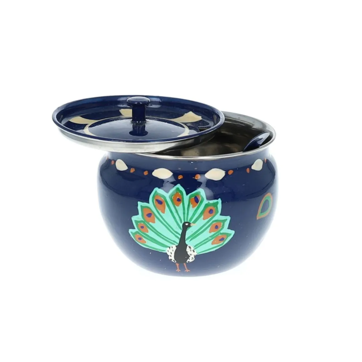Sucrier en émail motifs Indiens bleu paon
