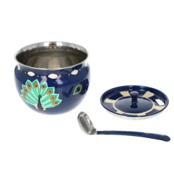 Sucrier en émail motifs Indiens bleu paon