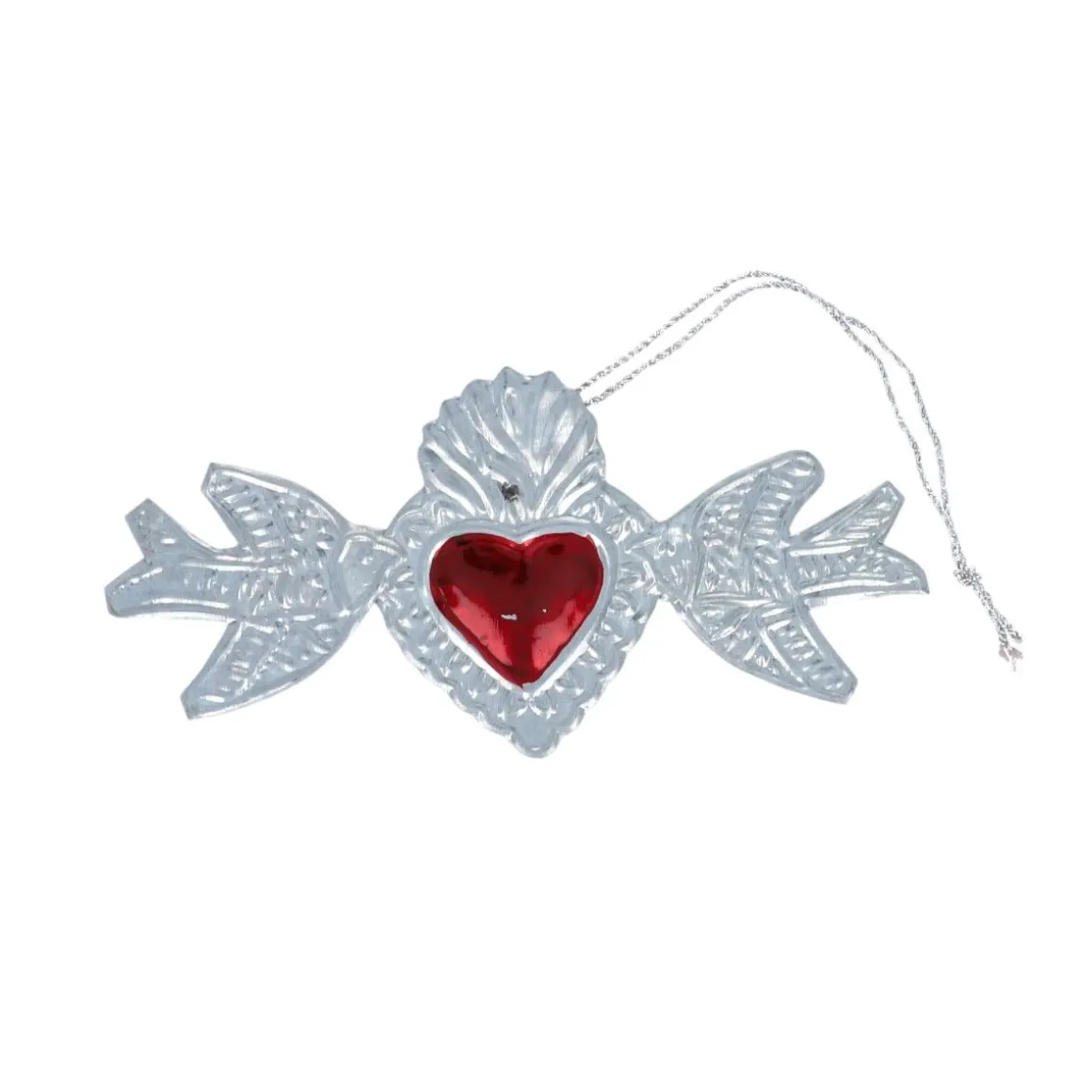 Suspension cœur rouge argent et oiseaux