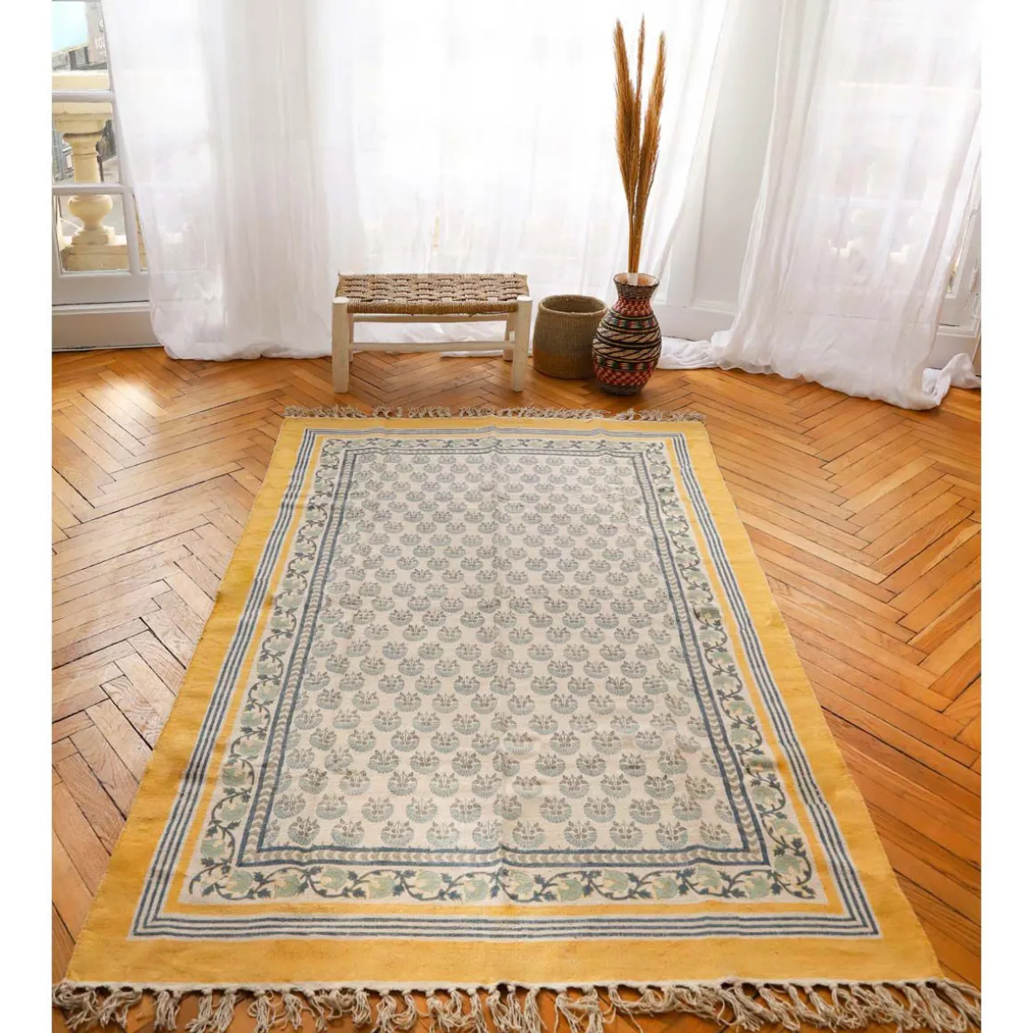 Tapis blockprint fleur bleue 120X180