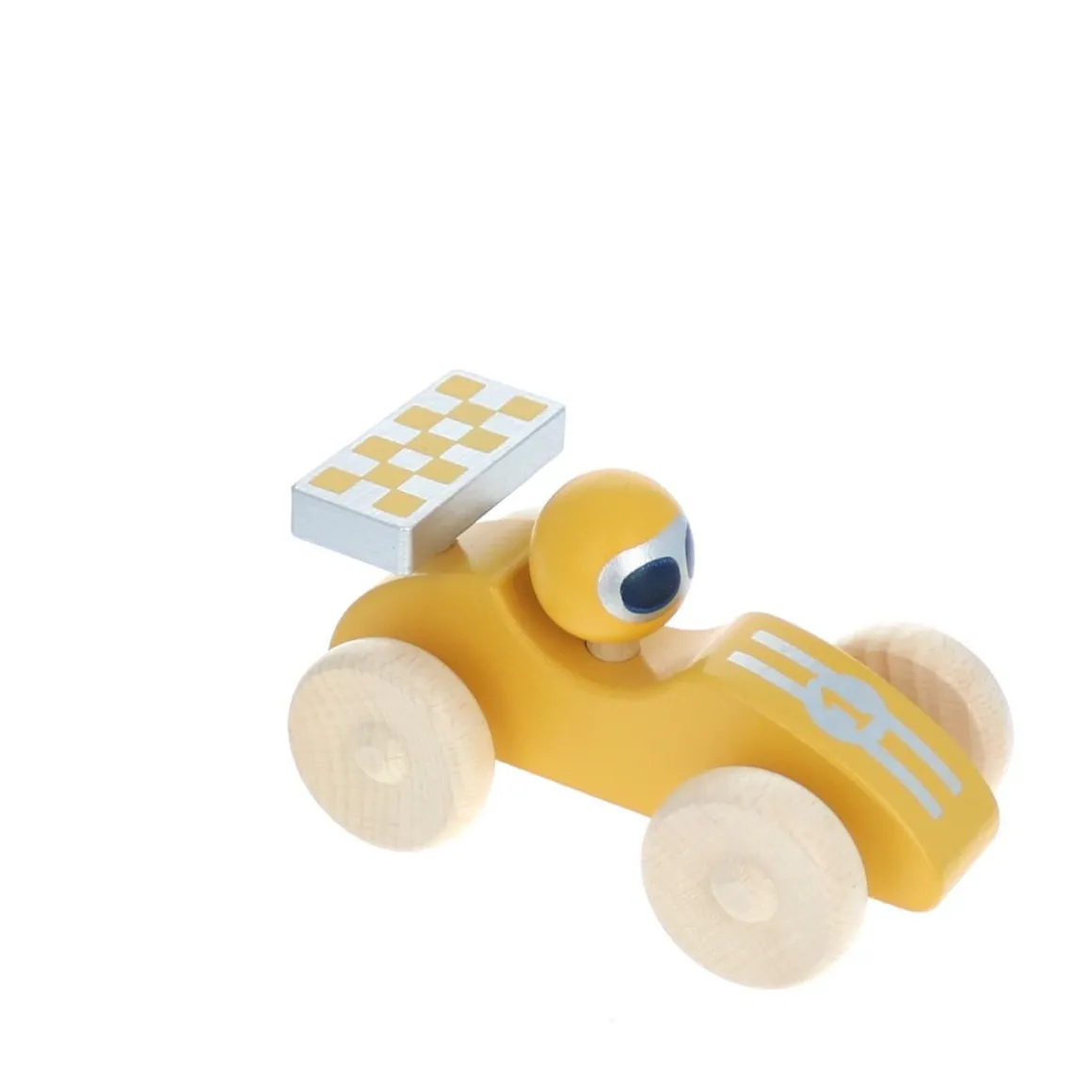 Voiture de course en bois jaune